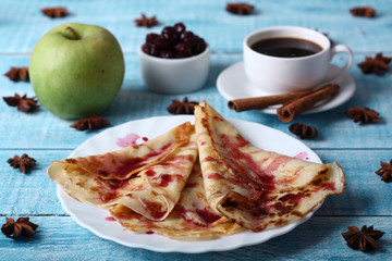 Breakfast pancakes with cherry jam
