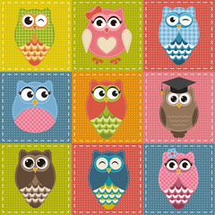 Patchwork background with owls