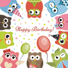 Obraz premium Birdhday card with cute owls