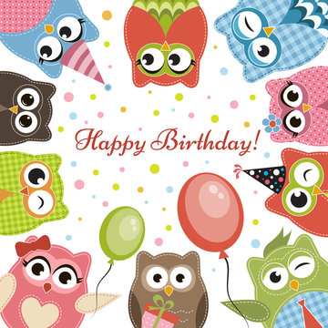 Birdhday card with cute owls