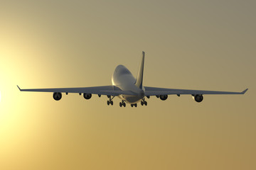 Jumbo Jet takeoff at dusk.