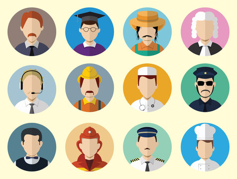 Set of Circle Icons with Man Different Professions
