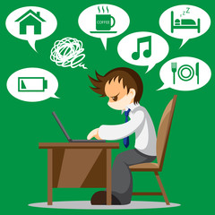 Cartoon vector of tired office worker with icon