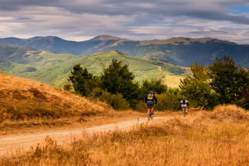 Father and son with mountain bikes.