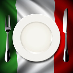 Vector of White plate with knife and fork on Italy flag backgrou