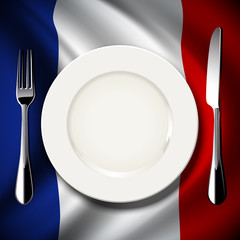 White plate with knife and fork on France flag background