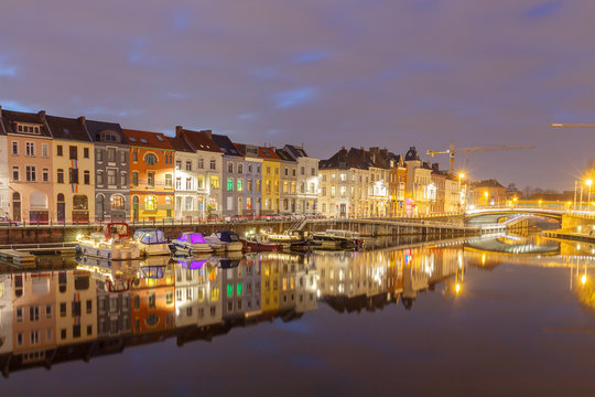 Gent. River Leie at night.