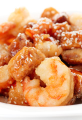 Deep fried eggplant and shrimps in sweet-sour sauce