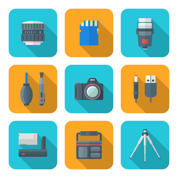 color flat style square digital photography tools icons