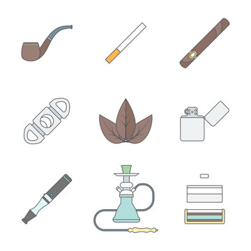 colored outline various tobacco goods tools icons set