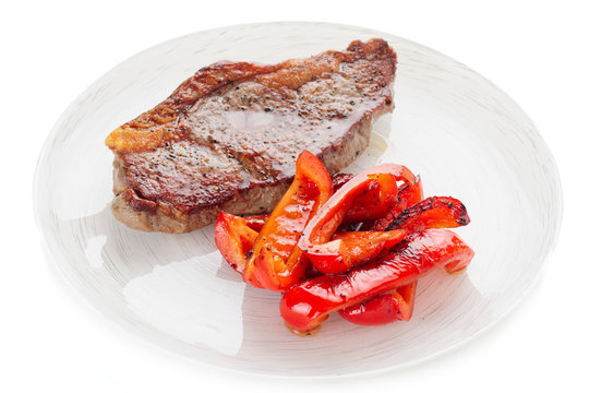 New York Steak With Grilled Bell Pepper, Isolated