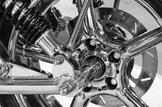 Wheel of high power big custom motorcycle with chrome parts