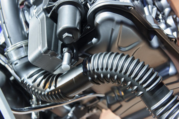 Fototapeta na wymiar Engine with metal and chrome parts of race motor