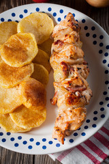 Shashlik with fried potatoes.