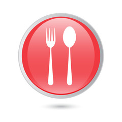 Fork and spoon icon - restaurant sign, red glossy button