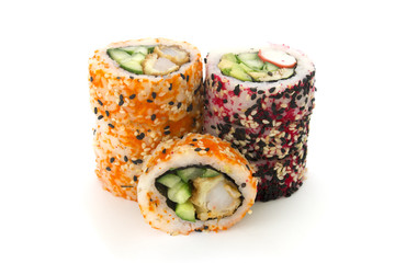 round rolls with cucumber and crab isolated on a white