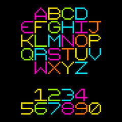8-Bit Pixel Retro Neon Alphabet Letters. EPS8 Vector