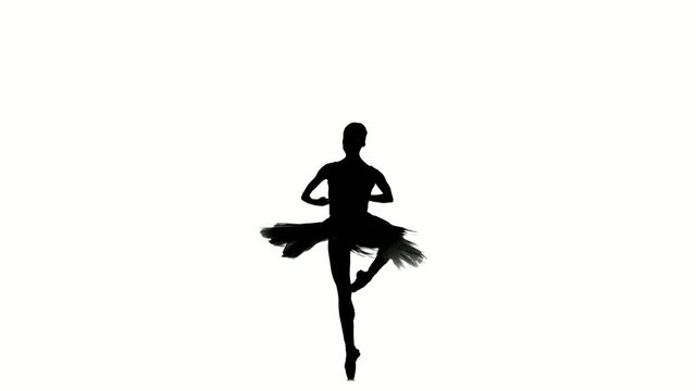 Ballerina making dance trick, fouetter, on white background
