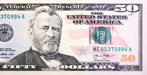 A U.S. fifty 50 Dollar bill. Close-up of Grant.