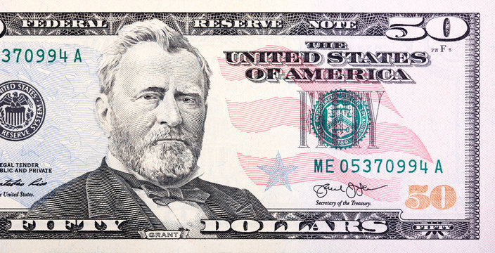 A U.S. Fifty 50 Dollar Bill. Close-up Of Grant.