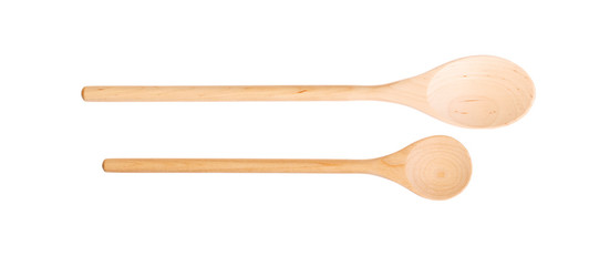 Two kinds of wooden kitchen spoons, isolated on a white.