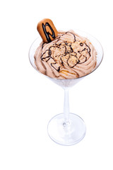 chocolate ice cream in glass bowl isolated