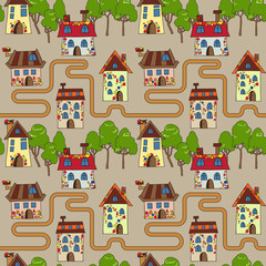 Seamless pattern with fairy houses and trees