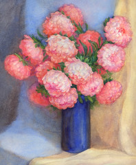 Obrazy na Plexi  Akwarela martwa natura. Bukiet różowych astry w niebieskim wazonie