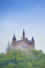 Fototapeta na wymiar View of Hohenzollern castle in haze during summer