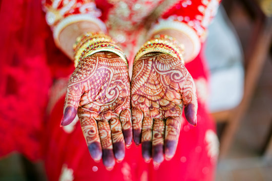Woman's hands with henna wedding design, Nepal