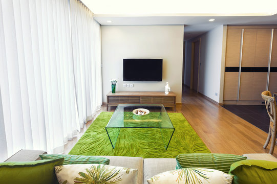 Living Room Interior With Big Window And Tv