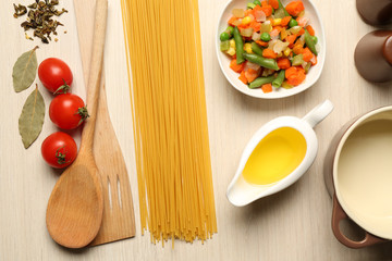 Food ingredients and kitchen utensils for cooking