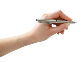 Naklejka premium Male hand with pen isolated on white