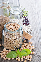 Raw beans and lentils in jars