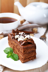 Tasty piece of chocolate cake with mint and cinnamon
