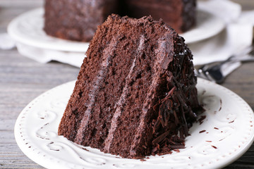 Delicious chocolate cake in white plate