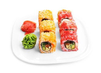 Sushi rolls on plate isolated on white