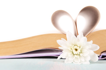 Open book with shape of heart from pages and flower isolated
