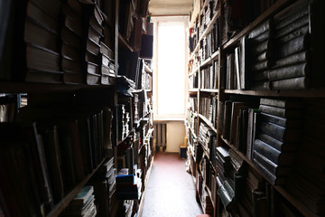 Fototapeta na wymiar Many books on bookshelf in library