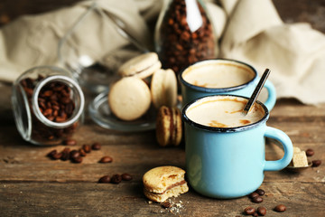 Beautiful composition with tasty cappuccino on wooden table