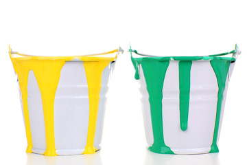 Buckets of paints isolated on white