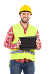 Smiling manual worker showing a shockproof digital tablet