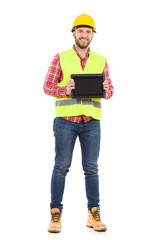 Smiling manual worker holding shockproof digital tablet