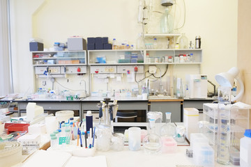 Laboratory glassware in chemical-biological laboratory equipment