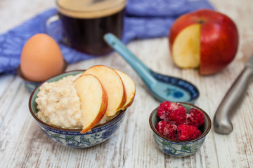 porridge, egg and apple