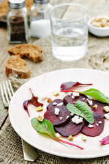 salad with roasted beets, goat cheese, mangold and pistachios