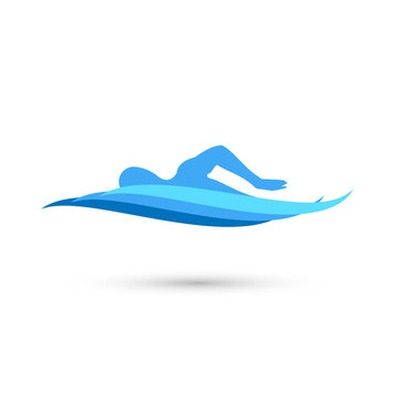 Freestyle Swimmer Silhouette with Water Pool Waves. Vector