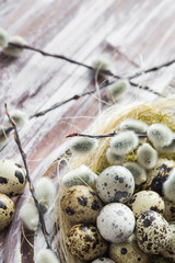 Easter background quail eggs catkins wooden table