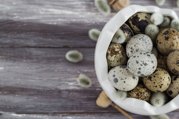 Small quail eggs wooden table dish  scattered database