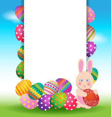 Colorful eggs and bunny for Easter day greeting card
